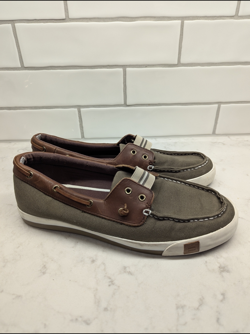 Tommy Hilfiger Olive Canvas and Brown Trim Men’s Boat Shoes